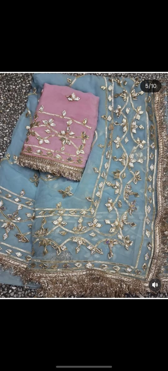 Gota work sky blue chiffon saree
